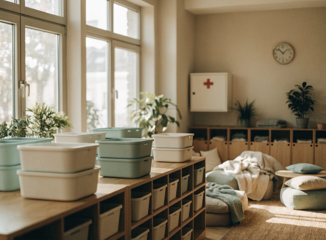 A clean, well-organized, empty licensed childcare classroom with labeled shelving and a soft reading corner